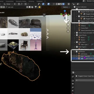 Tag the downloaded assets and move them in the outliner to the Cliff Rocks collection.