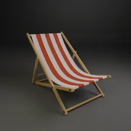 "Beach Folding Chair 3D Model for Blender 3D - Red and White Striped Slinger on Arafed Wooden Deck Chair with Cloth Simulation and Substance Designer Height Map - Perfect for Sunbathing at the Beach or by the Pool."