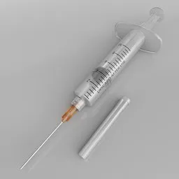 Highly detailed Blender 3D model of a syringe with needle and plunger, suitable for medical animations.