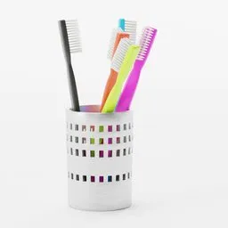 "Colorful toothbrush collection in metal pot 3D model for Blender 3D. Includes five plastic toothbrushes and steel pot. Perfect for adding utility to your 3D designs."