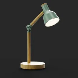 Realistic 3D model of a wooden articulated desk lamp, Blender compatible, showcasing detailed textures and lighting.