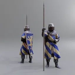Highly detailed Blender 3D medieval knight model in armor with shield and spear, perfect for historical scenes.