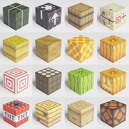 Collection of Blender 3D Minecraft-style blocks for various in-game functions, with adjustable light options.