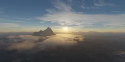 Sunset lighting over aerial mountain peaks with clouds for 3D scene HDR lighting.