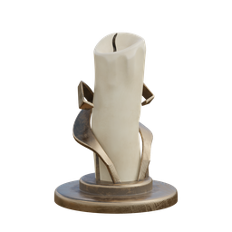 "Table Lamp: Candle 1 3D model with 1k textures, rendered in Blender 3D. Inspired by Louise Bourgeois and Cecilia Beaux, the white and gold kintsugi design features a candle sitting on a stand with a knife."
