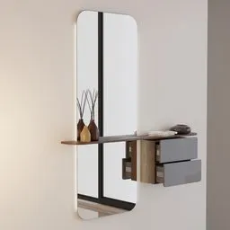 "Modern living room dresser with mirror and vase on a shelf, designed with an award-winning and symmetrical composition. This 3D model for Blender 3D features high-resolution textures and real-world scale. Explore this curated collection for a clean and stylish design inspired by Bartolomeo Vivarini."