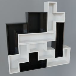 "Modern Tetris-inspired shelving unit in black and white, created with Blender 3D. Minimalist design with abstract 3D rendering and photorealistic details. Perfect for contemporary interiors seeking a touch of de Stijl."