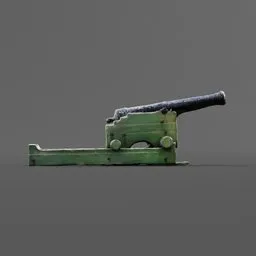 "Historic military Canon 17th model for Blender 3D. Inspired by Vija Celmins and Horatio Nelson Poole, this small green cannon on a gray surface depicts the Breton coast battery defense in France, 1793. Explore this hyperrealistic 3D model with unreal engine 9 and enjoy its intricate details and accurate portrayal."