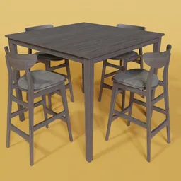 "Counter Height Table and Chairs Set - 3D Model for Blender 3D Software. Four chairs surrounding a table with a stool in a side view profile centered position. High-quality 3D model with ultra-high definition details, perfect for rendering and visualization projects."