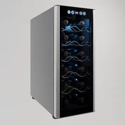 "Compact Adega 3D model for Blender 3D software, featuring a sleek wine cooler with glass and metal design. Includes various wine bottles and inspired by Ludwig Knaus and Goya artwork. Perfect for restaurant and bar scenes."