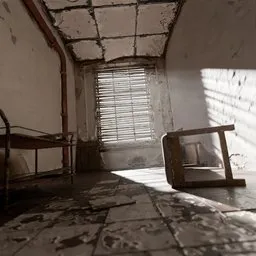 3D digital rendering of a sunlight-dappled dilapidated interior with scattered debris.