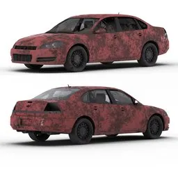 Distressed red procedural texture on 3D modeled car for Blender, viewed from multiple angles.