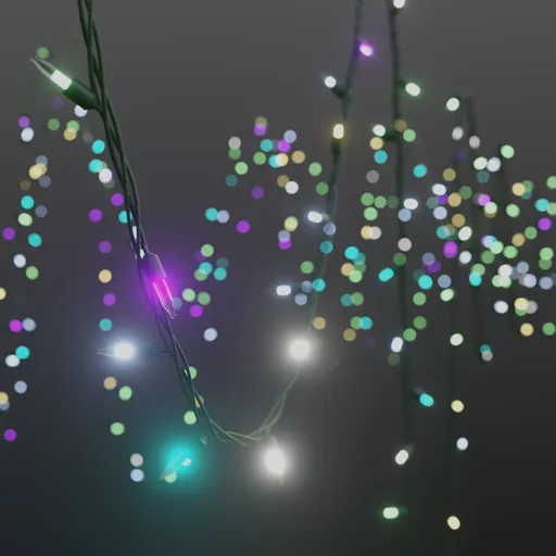 Customizable Blender 3D model of vibrant, multicolored Christmas lights on a string, with adjustable curves and shader options.