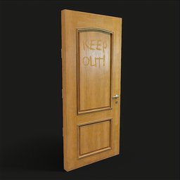 Realistic textured wooden door 3D model with "KEEP OUT" carving for Blender, isolated on a dark background.