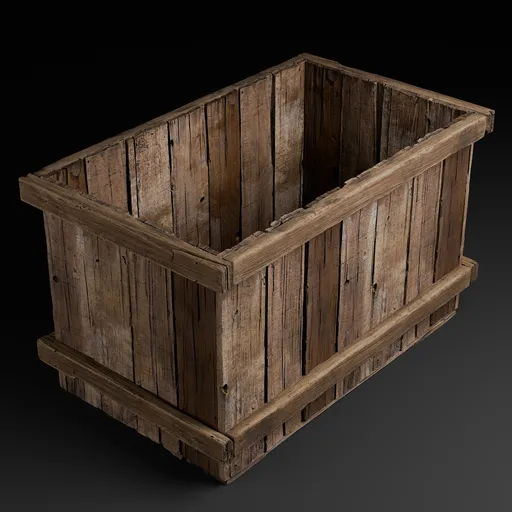 Detailed 3D wood crate model with realistic textures, ideal for game environments and industrial scenes in Blender.
