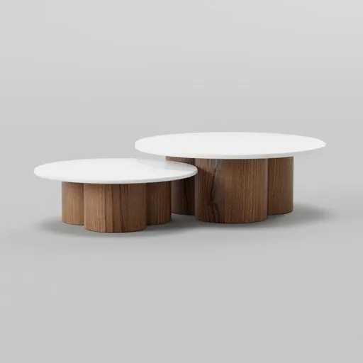 3D-rendered modern dual-layer coffee tables with white tops and wooden bases, suitable for Blender rendering.