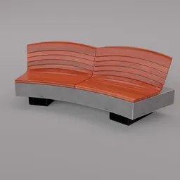 High-quality 3D render of a modern double-backed bench with concrete base and wooden slats for park and urban designs.