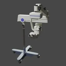 "Eye Surgery Microscope 3D model for Blender 3D software. A medical device on a stand used for eye surgery training. Photo-realistic, symmetrical design with a blue background."
