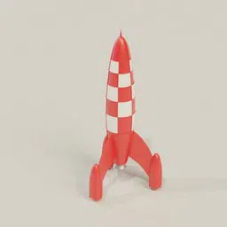 Detailed Blender 3D-rendered model of a red and white checkered fictional rocket with fins.