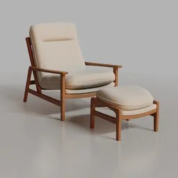 High-quality 3D model of a wooden armchair with a cushioned seat and matching ottoman, showcasing modern Brazilian-style furniture design, compatible with Blender 3D.