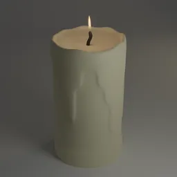 "Realistic 3D model of a burning candle in Blender 3D software. Features a taupe pillar design with smooth shading techniques and a highly detailed bump map. Perfect for artistic projects and inspired by the work of P.C. Skovgaard and Willem Drost."