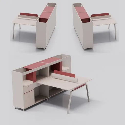 Modern 3D-rendered office desk setup with neutral colors and storage compartments, created in Blender 3D.