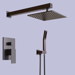 High-detail 3D rendering of a modern shower system with rain shower head and handheld unit for Blender 3D projects.