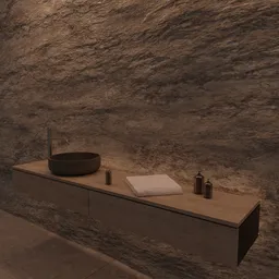"Explore a polished 3D model of a bathroom basin and furniture set rendered in Blender 3D. Inspired by the works of Josep Rovira Soler and Werner Andermatt, this spa-like scene features a large stone wall and stylish skincare essentials. Check out the full scene on the user's profile for an immersive experience."