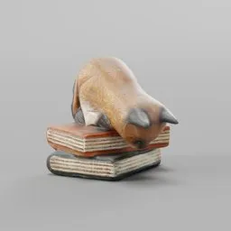 Detailed 3D model of a wooden cat sculpture on a pile of books, ideal for Blender rendering and decor visualization.
