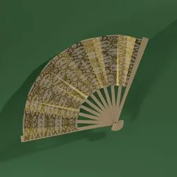 Intricately patterned 3D model of an open traditional folding fan, detailed textures, designed in Blender.