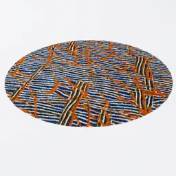 Intricate blue and orange patterned round 3D carpet model for interior design visualization in Blender.