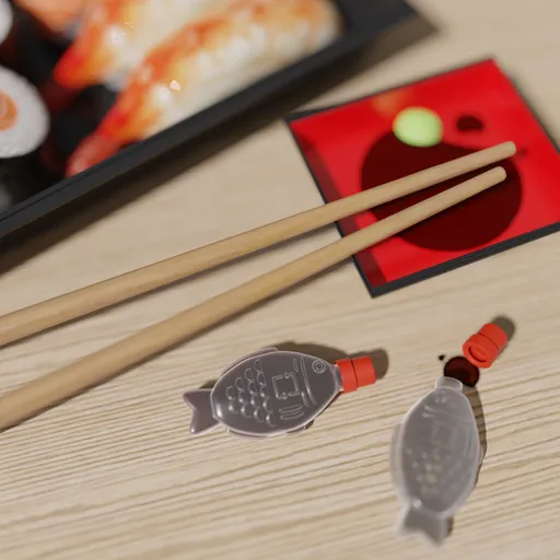 Realistic fish-shaped soy sauce container 3D model, detailed texture, perfect for Blender renderings.