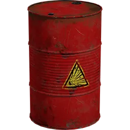 Realistic red industrial barrel 3D model with hazard symbol, detailed textures, suitable for Blender rendering.