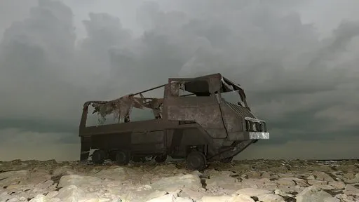Detailed wrecked truck 3D model with rust and damage textures, suitable for Blender simulation.