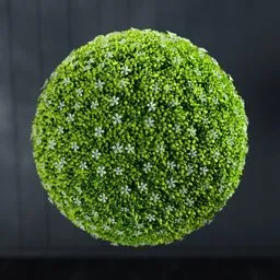 "Green artificial grass ball with white flowers, suitable for indoor nature scenes in Blender 3D. Can be split in two halves or accompanied by a branch to create a tree. Created using Bagapie addon geometry nodes."