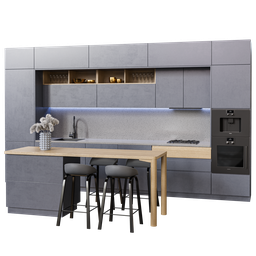 Detailed 3D model of a modern kitchen with bar stools rendered in Blender, available in blend format.