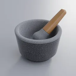 Detailed Blender 3D model of a stone mortar with a wooden pestle, ideal for digital art projects.