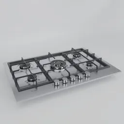 Stainless steel 5-burner gas cooktop 3D model, compatible with Blender 3D, showcasing detailed design elements.