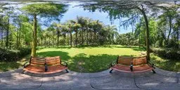 High-resolution HDR image featuring park benches and lush greenery for realistic scene lighting.