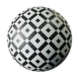 High-quality PBR 3D rendering of geometric black and white checkered pattern material for Blender and other 3D apps.