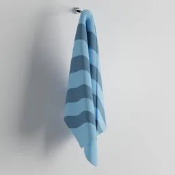 Realistic striped blue towel 3D model on hook, customizable texture, ideal for Blender rendering.