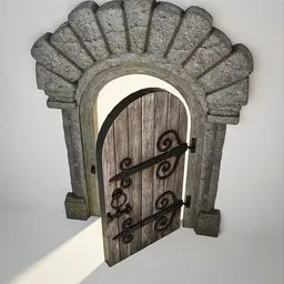 Low-poly 3D model of a medieval Norman wooden door with stone arch and PBR textures suitable for castle and church scenes in Blender.