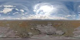 Terragen-rendered skydome with bright sun, halo effect through high clouds, and rocky terrain, offering realistic lighting for scenes.