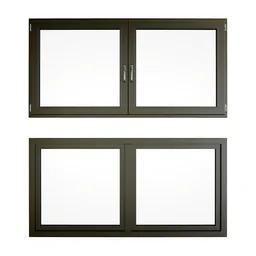 Realistic 3D depiction of a double-hinged, aluminum-framed window suitable for Blender rendering.