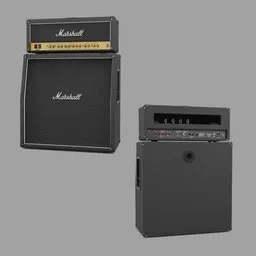 "Marshall DSL100HR Bundle featuring Head and MX412AR Cabinet - Blender 3D Model. Detailed reconstruction with internals revealed, inspired by Marshall Arisman. Perfect for stage setup and music enthusiasts."