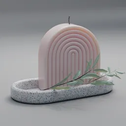 "Minimalist 3D modeled pink arch candle with ribbed texture on terrazzo tray, accented with eucalyptus for modern home decor."