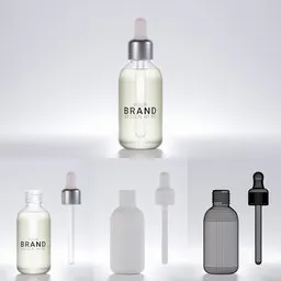 Detailed 3D rendering of a cosmetic serum bottle in Blender, showcasing different views and components.