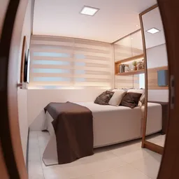 Compact modern bedroom 3D render with elegant furnishings and natural lighting, ideal for interior design inspiration.