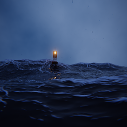 High-resolution 3D rendered ocean storm with realistic waves and lit buoy for Blender.
