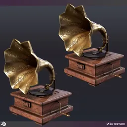 Detailed vintage 3D gramophone model with realistic wood texture and metallic horn, perfect for antique scene rendering in Blender.